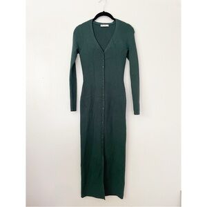 Marine Layer Brea Ribbed V‑Neck Button‑Front Midi Dress in Ponderosa Pine Green
